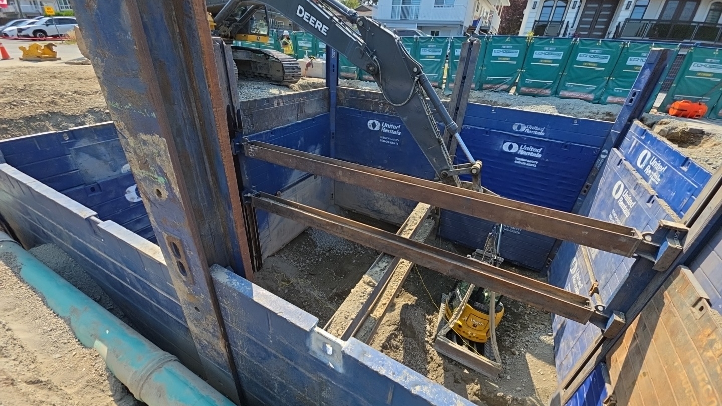 Deep urban excavation withs slide rail design Annacis, City of Surrey