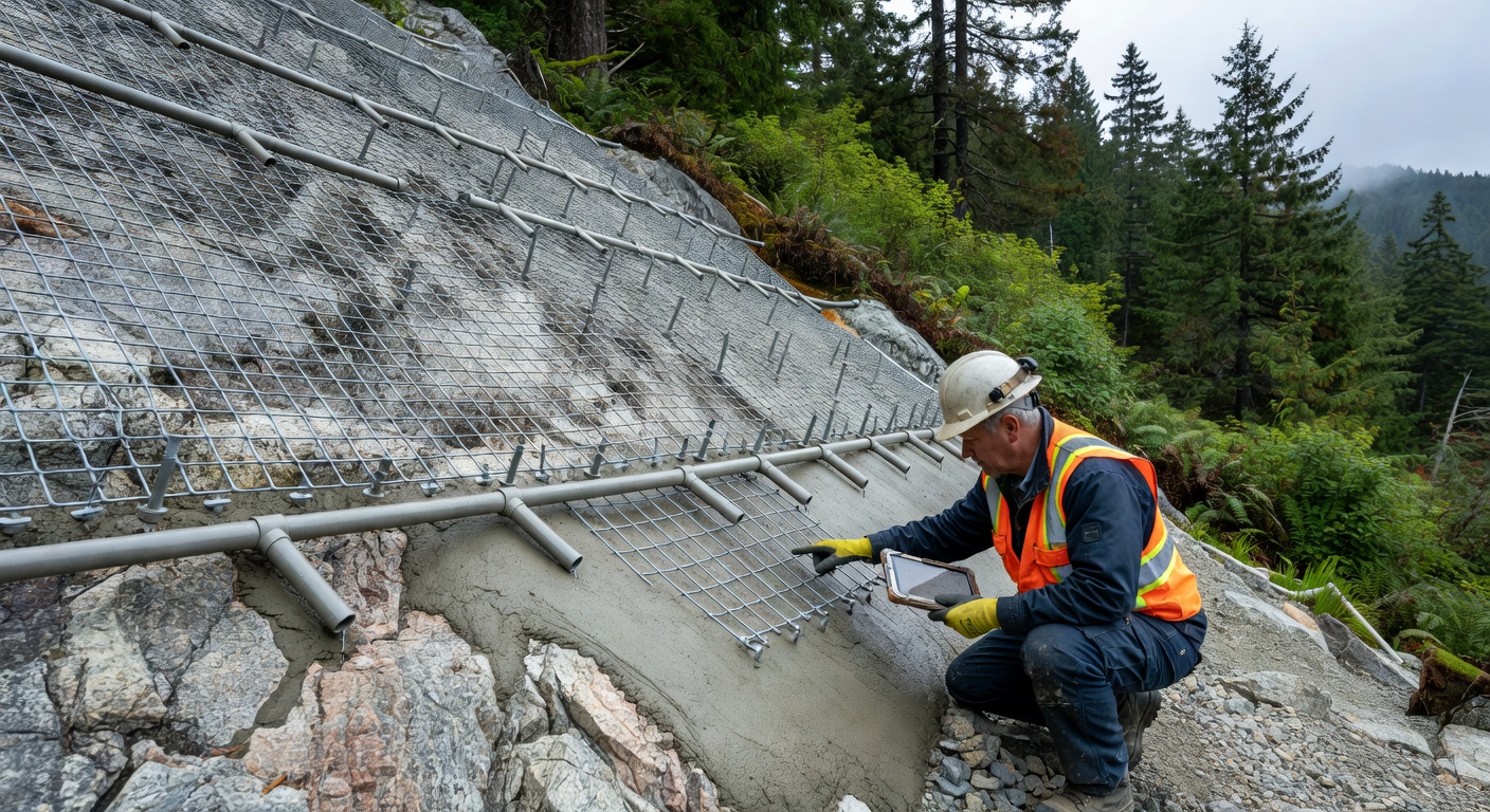 Engineered slope stabilization with rock bolts and mesh above Highway 99 near Squamish, BC